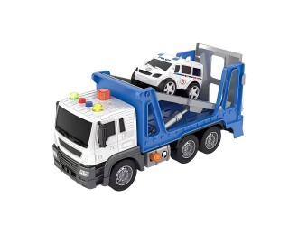 Camion de tractare albastru cu masina JSTOYS JS114A, 1:16, cu frictiune, buton de presiune, lumini si sunete