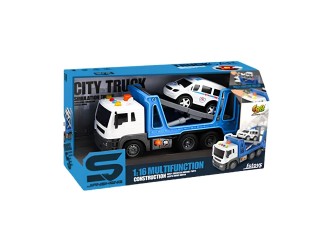 Camion de tractare albastru cu masina JSTOYS JS114A, 1:16, cu frictiune, buton de presiune, lumini si sunete