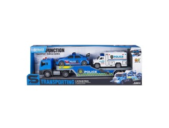 Camion transportator de politie cu 2 masinute JSTOYS JS203C, scara 1:16, cu frictiune, lumini si sunete