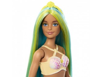 Papusa sirena Barbie coada turcoaz, par albastru cu suvite galbene