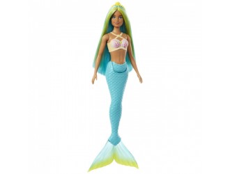 Papusa sirena Barbie coada turcoaz, par albastru cu suvite galbene