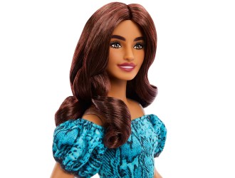 Papusa Barbie Fashionistas cu par saten, tinuta turcoaz cu imprimeu