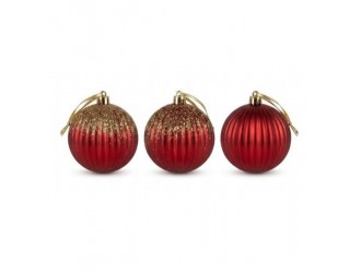 Set 3 globuri mari de Craciun 10 cm rosii cu striatii si sclipici auriu, ornamente brad festive