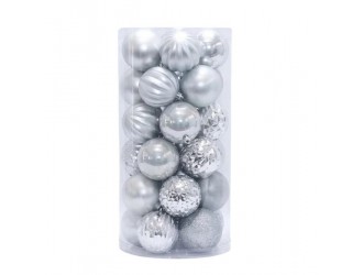 Set 30 globuri de Craciun 8 cm argintiu, ornamente brad argintii lucioase mate si cu sclipici, decoratiuni brad
