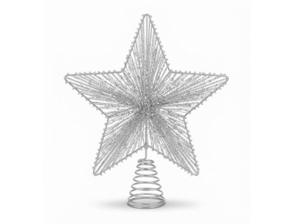 Varf decorativ pentru brad in forma de stea, 20 x 5 x 25 cm, culoare argintie