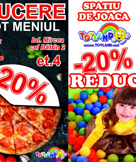 Reducere -20% la SPAŢIUL DE JOACĂ şi la TOT MENIUL pe bucătărie!